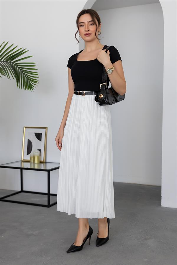 Piliseli Kemerli Etek - BEYAZ