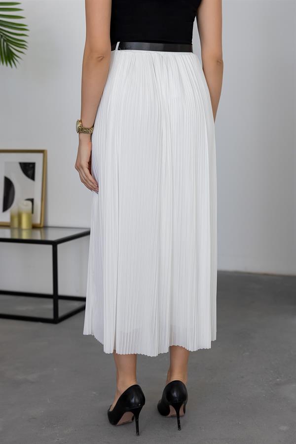 Piliseli Kemerli Etek - BEYAZ