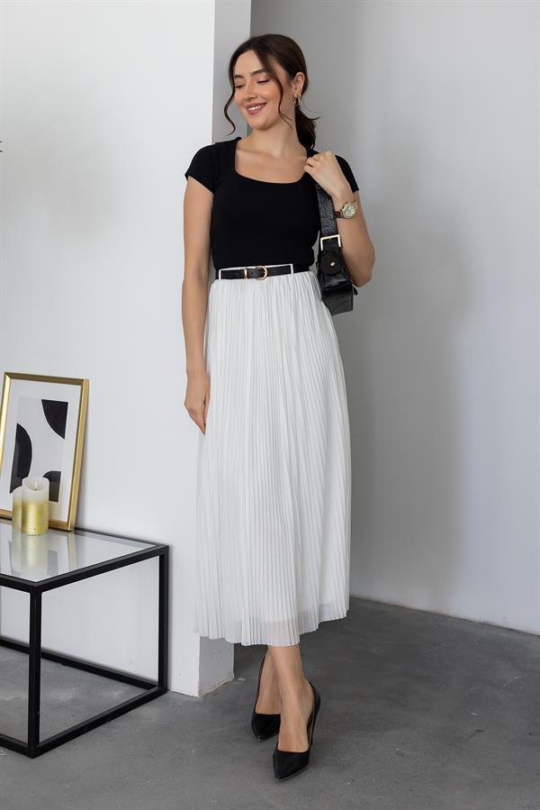 Piliseli Kemerli Etek - BEYAZ