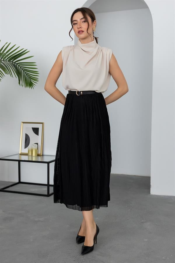 Piliseli Kemerli Etek - SİYAH