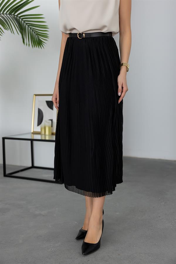 Piliseli Kemerli Etek - SİYAH