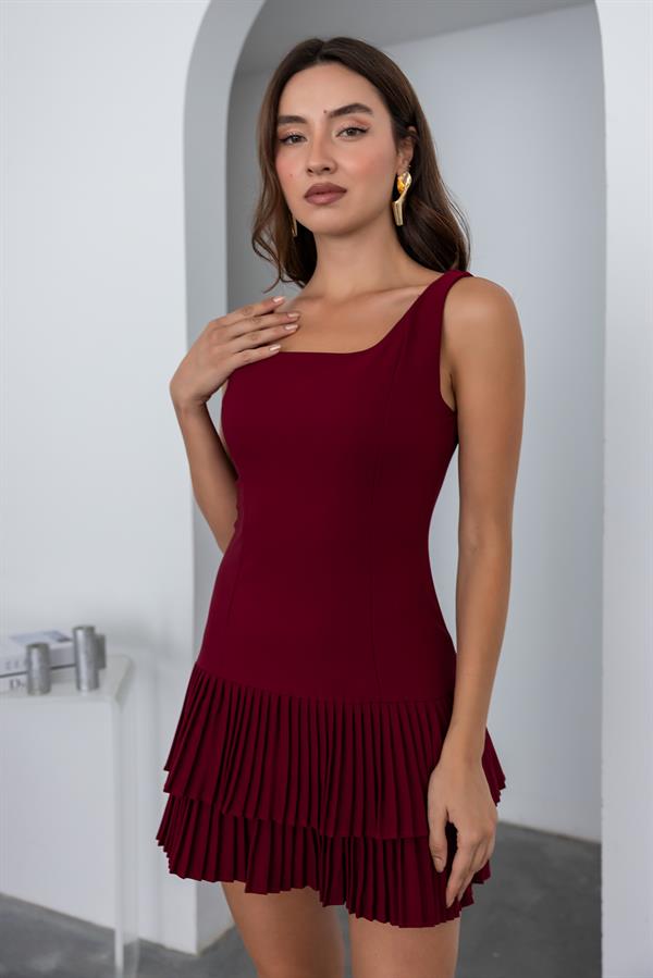 Piliseli Mini Elbise - BORDO