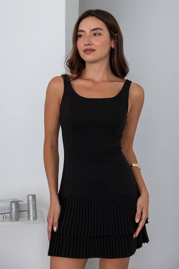 Piliseli Mini Elbise - SİYAH