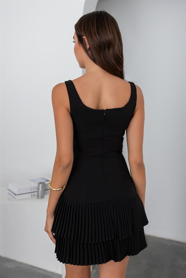 Piliseli Mini Elbise - SİYAH
