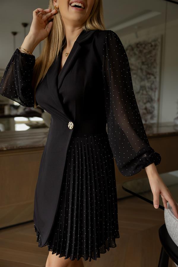 Piliseli Taş Baskılı Elbise - SİYAH