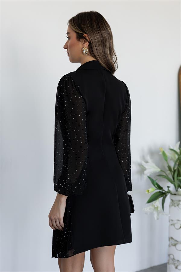 Piliseli Taş Baskılı Elbise - SİYAH