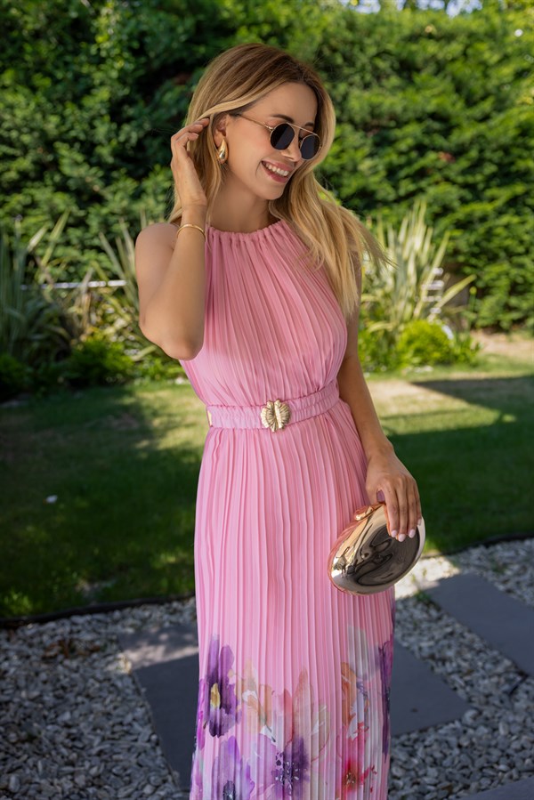 Pliseli Bel Kemerli Elbise - PEMBE