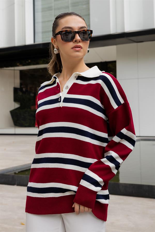 Polo Yaka Çizgili Kazak - BORDO