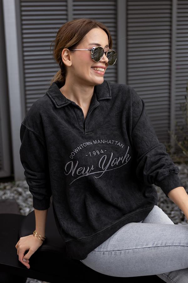 Polo Yaka Yıkamalı Sweat - ANTRASİT