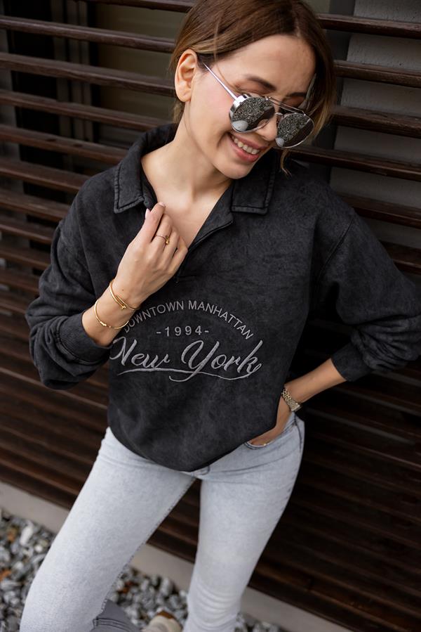 Polo Yaka Yıkamalı Sweat - ANTRASİT