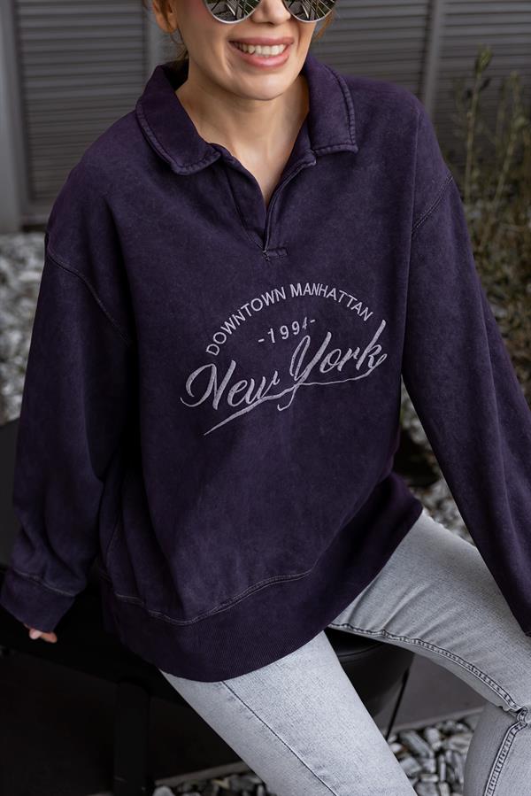 Polo Yaka Yıkamalı Sweat - MOR