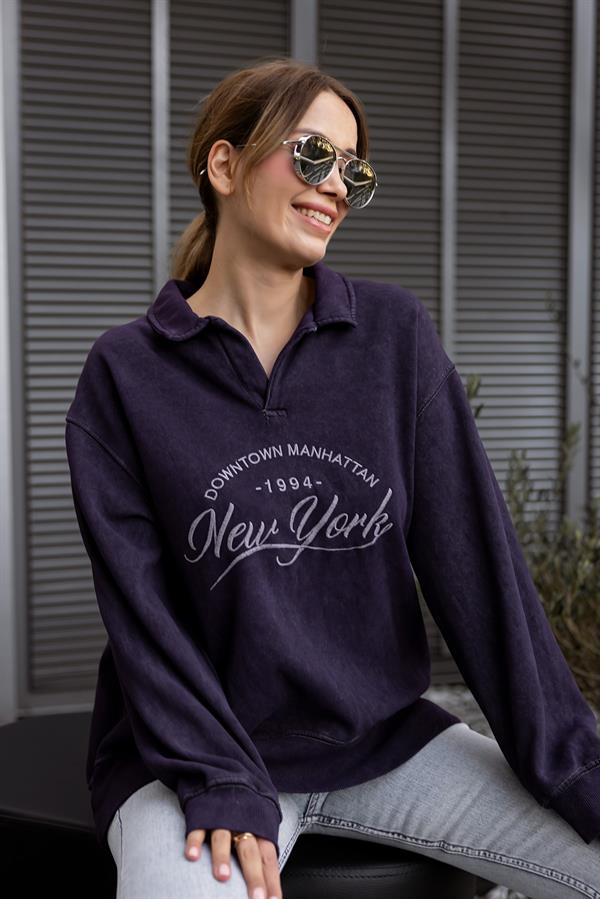Polo Yaka Yıkamalı Sweat - MOR