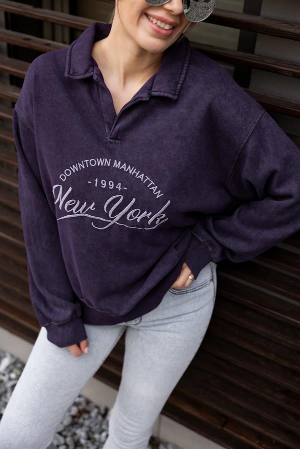 Polo Yaka Yıkamalı Sweat - MOR