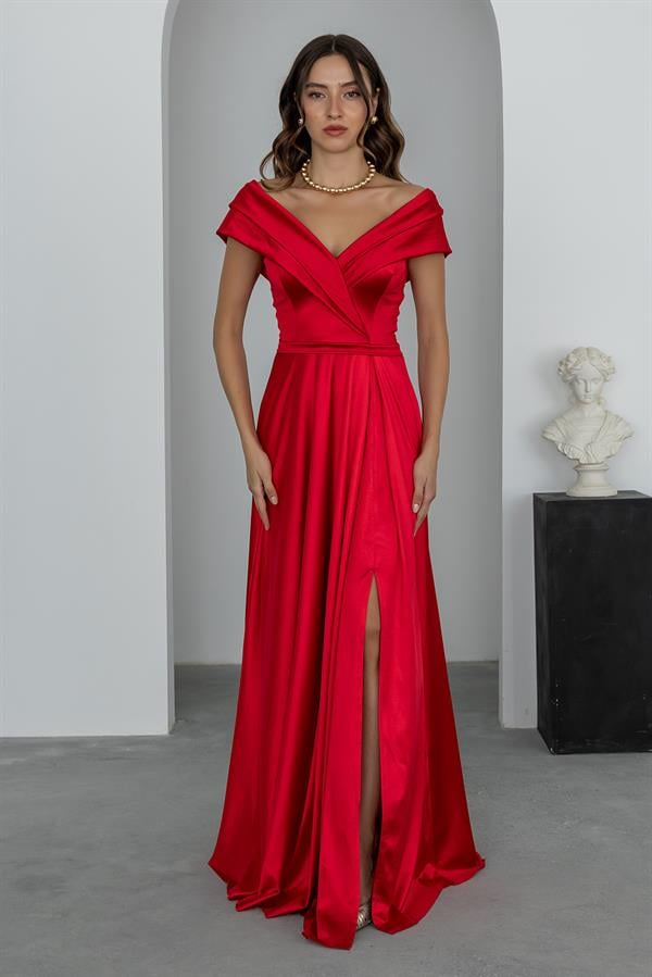 Prenses Yaka Saten Abiye - KIRMIZI