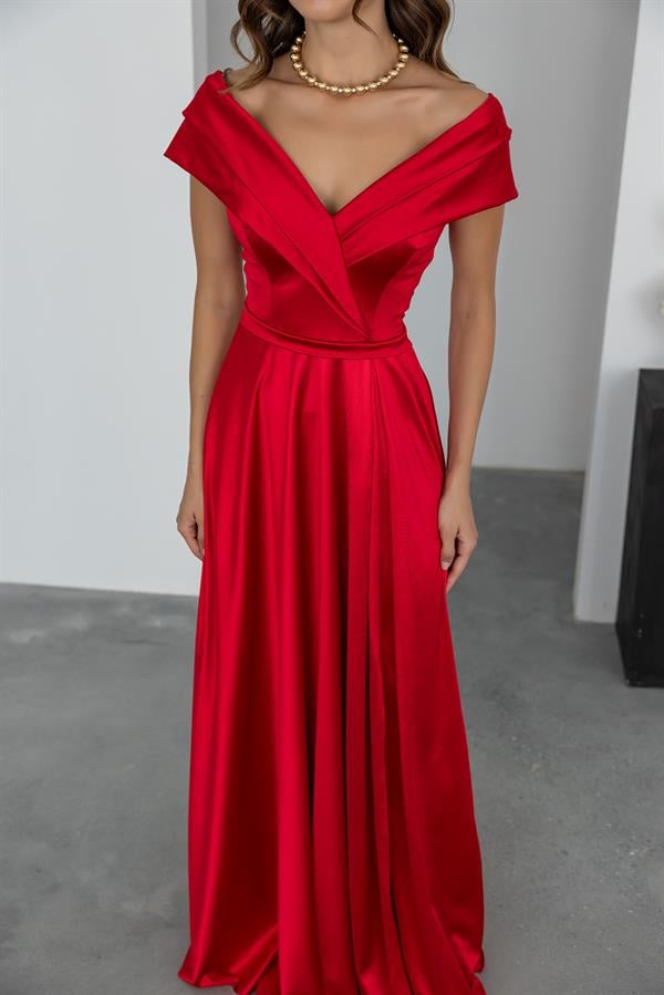 Prenses Yaka Saten Abiye - KIRMIZI