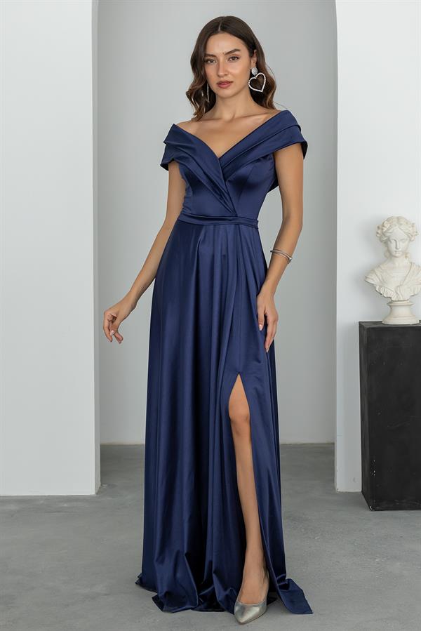 Prenses Yaka Saten Abiye - LACİVERT