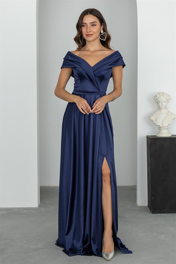 Prenses Yaka Saten Abiye - LACİVERT