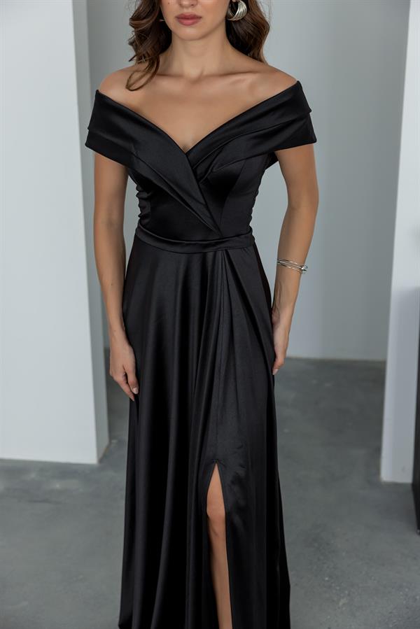 Prenses Yaka Saten Abiye - SİYAH