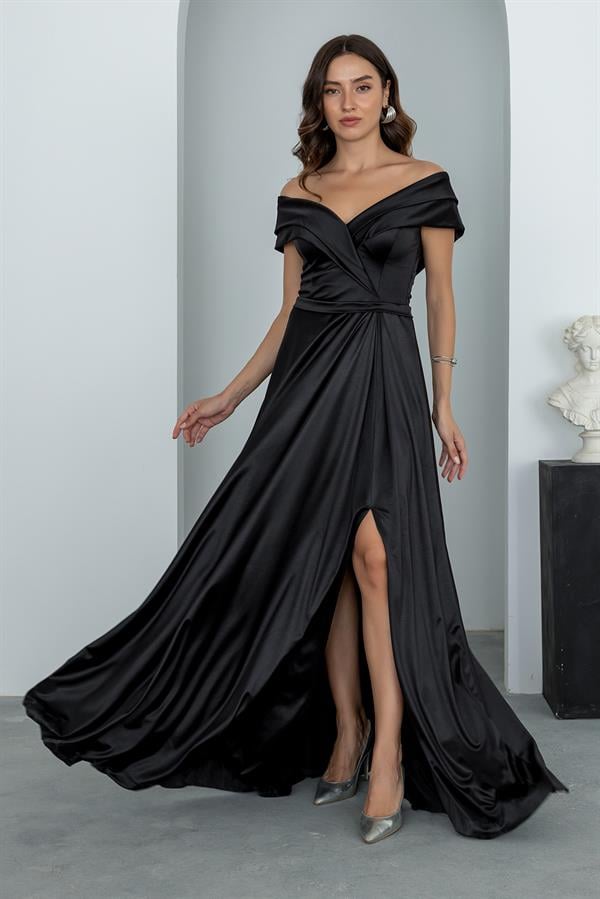 Prenses Yaka Saten Abiye - SİYAH