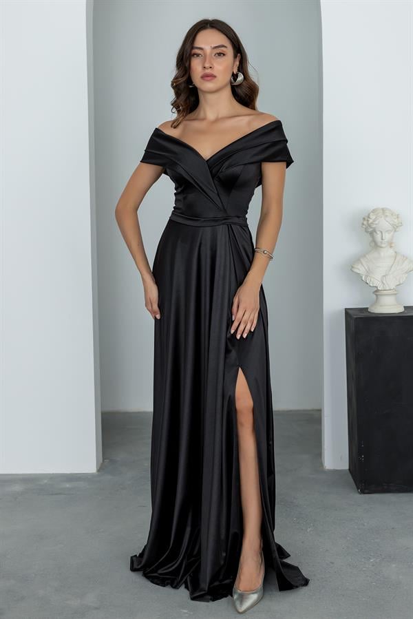 Prenses Yaka Saten Abiye - SİYAH