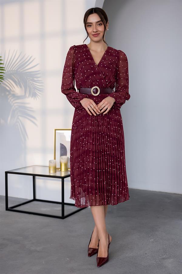 Puantiye Desen Piliseli Elbise - BORDO