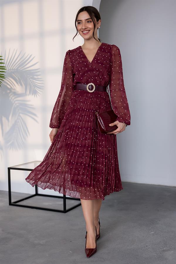 Puantiye Desen Piliseli Elbise - BORDO