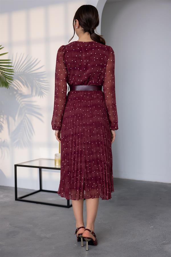 Puantiye Desen Piliseli Elbise - BORDO