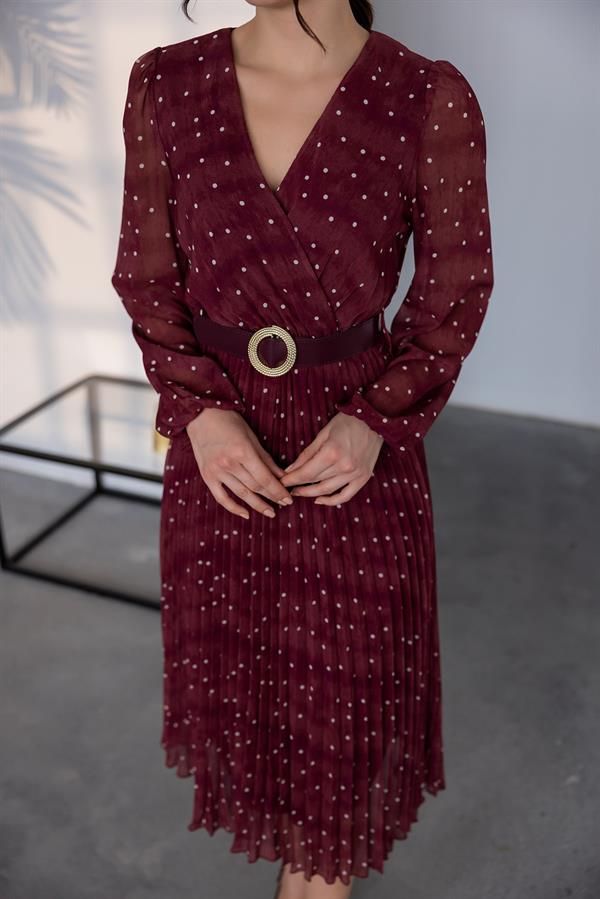 Puantiye Desen Piliseli Elbise - BORDO
