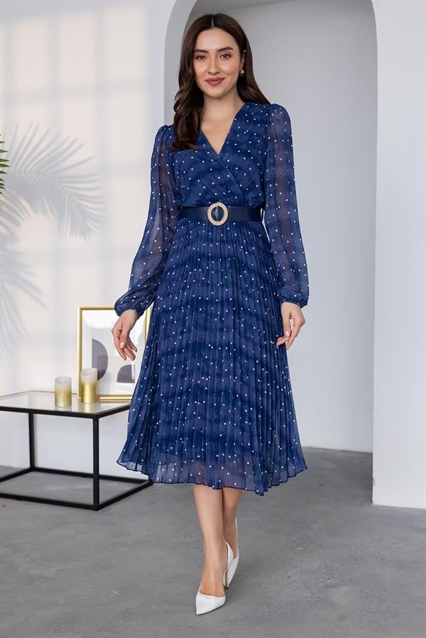 Puantiye Desen Piliseli Elbise - LACİVERT