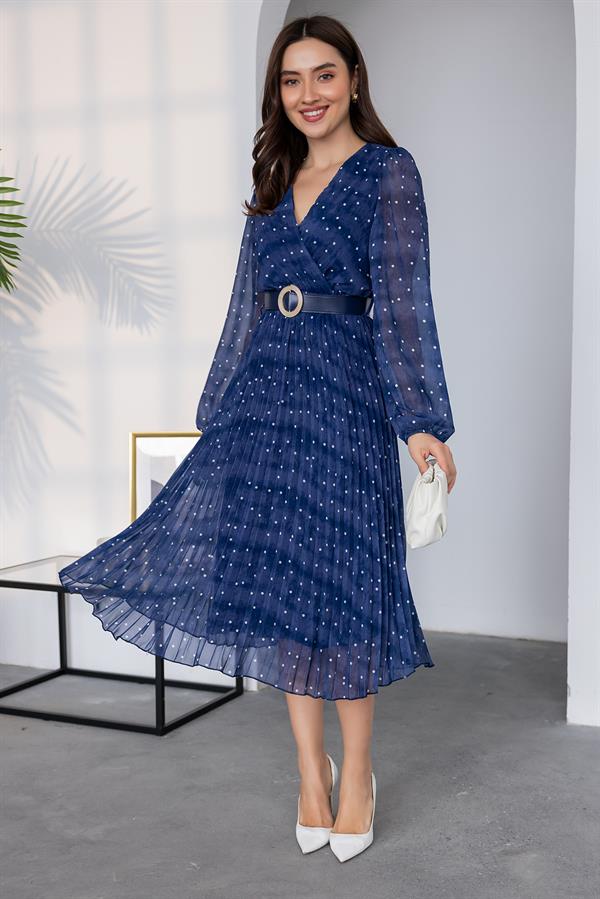 Puantiye Desen Piliseli Elbise - LACİVERT