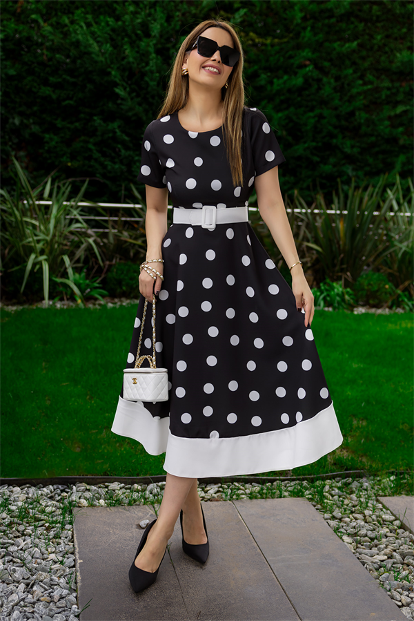 Puantiyeli Kemerli Midi Boy Elbise - SİYAH