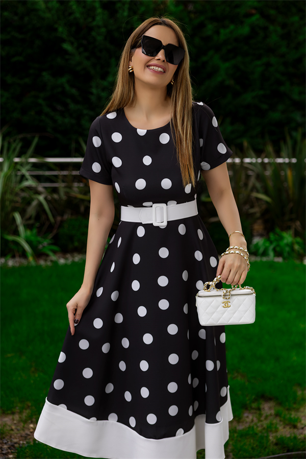 Puantiyeli Kemerli Midi Boy Elbise - SİYAH