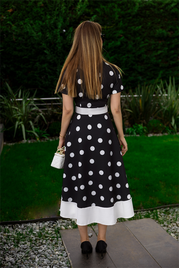 Puantiyeli Kemerli Midi Boy Elbise - SİYAH