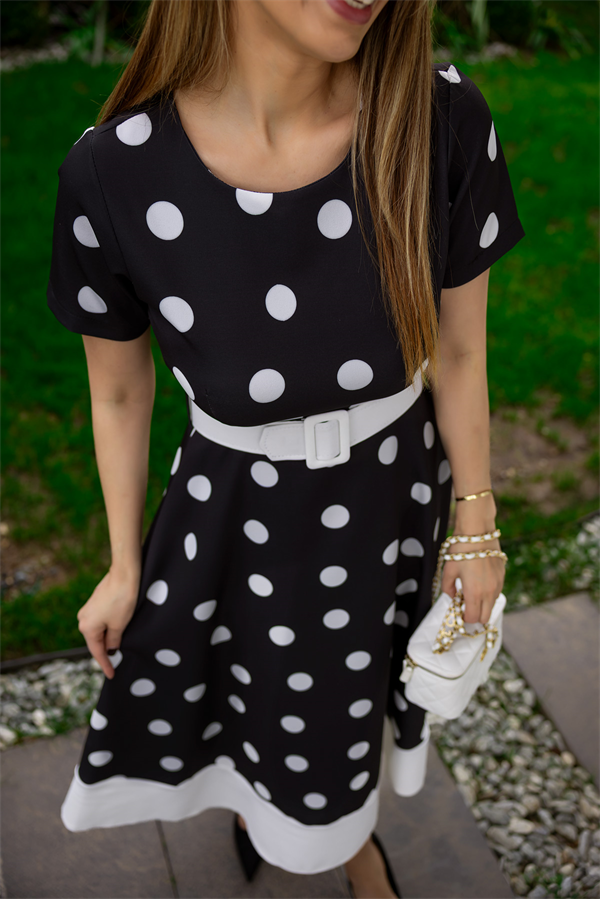 Puantiyeli Kemerli Midi Boy Elbise - SİYAH