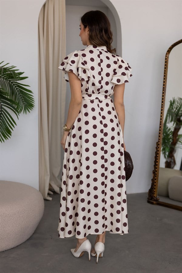Puantiyeli Keten Elbise - BEJ