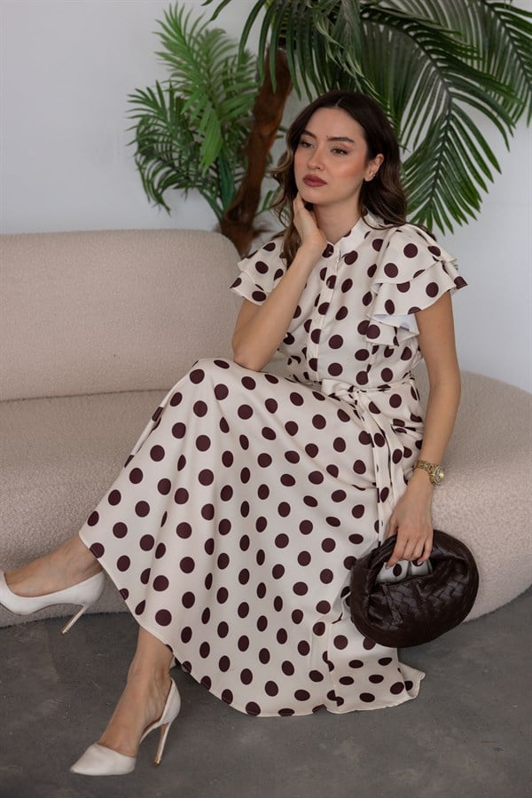 Puantiyeli Keten Elbise - BEJ