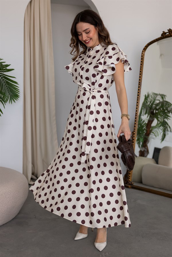 Puantiyeli Keten Elbise - BEJ