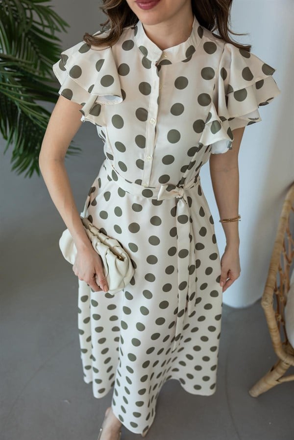 Puantiyeli Keten Elbise - HAKİ