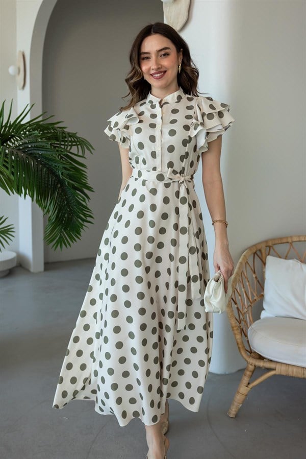 Puantiyeli Keten Elbise - HAKİ