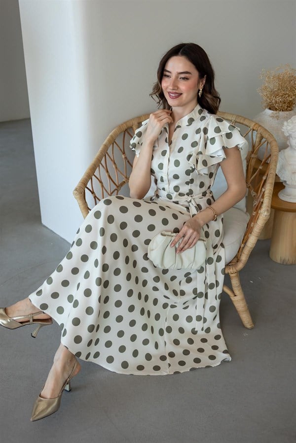 Puantiyeli Keten Elbise - HAKİ