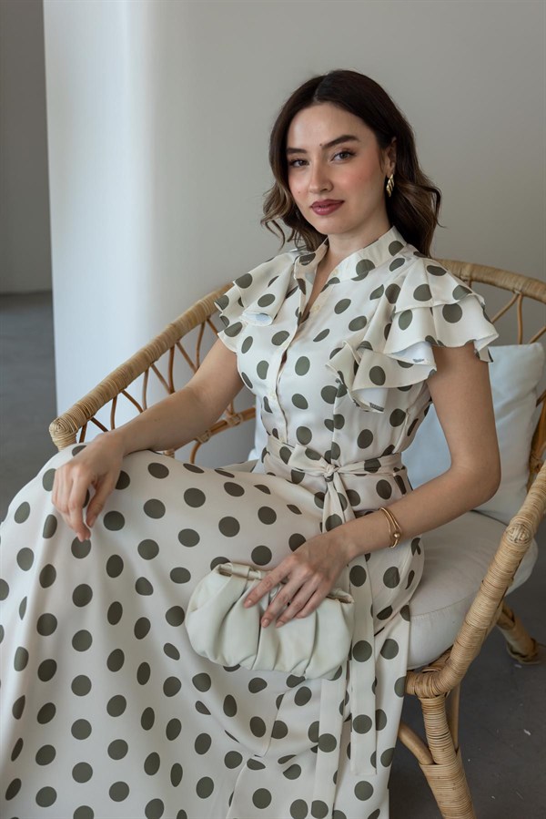 Puantiyeli Keten Elbise - HAKİ