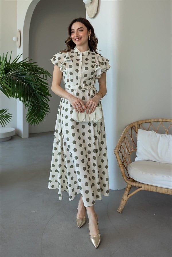 Puantiyeli Keten Elbise - HAKİ