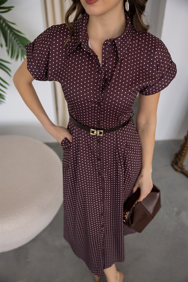 Puantiyeli Kloş Elbise - KAHVERENGİ