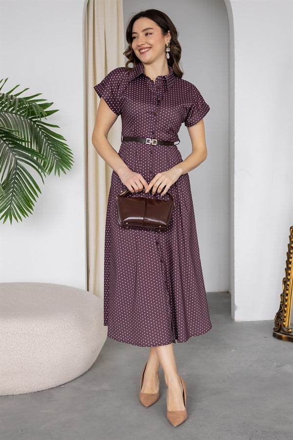Puantiyeli Kloş Elbise - KAHVERENGİ