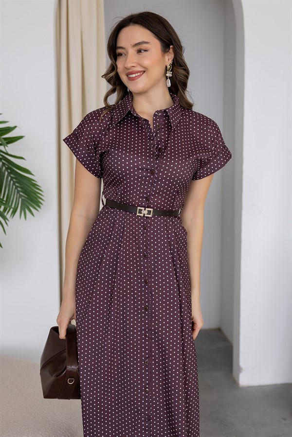Puantiyeli Kloş Elbise - KAHVERENGİ