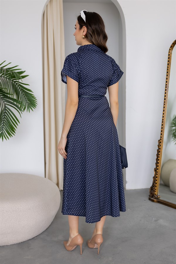 Puantiyeli Kloş Elbise - LACİVERT