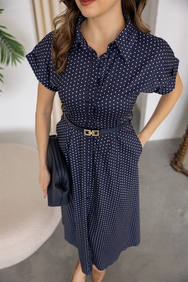 Puantiyeli Kloş Elbise - LACİVERT
