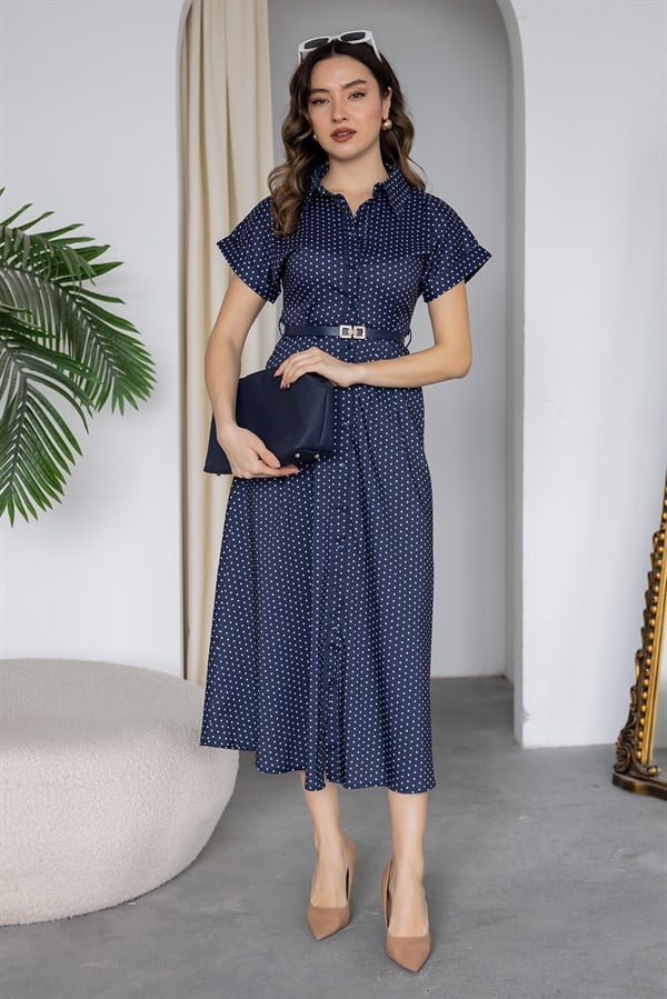 Puantiyeli Kloş Elbise - LACİVERT