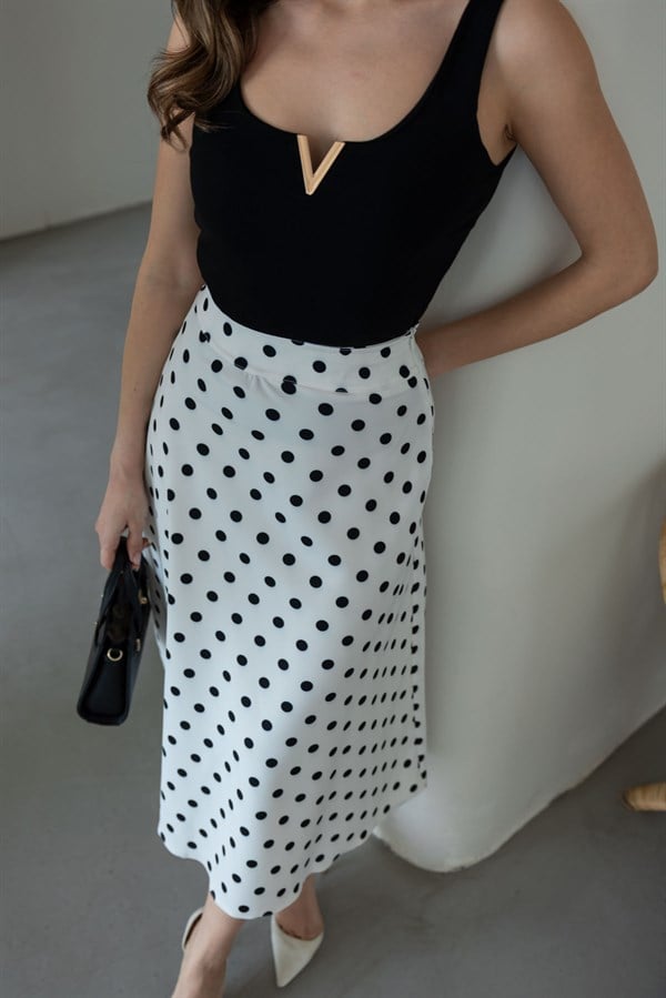 Puantiyeli Midi Boy Etek - BEYAZ