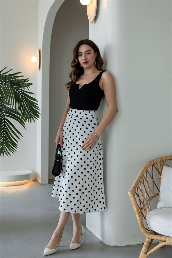 Puantiyeli Midi Boy Etek - BEYAZ